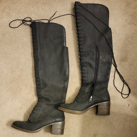 Leather Lace Up Over Knee Boots - Picture 1 of 4